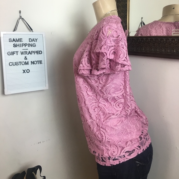 NWT! ADRIANNA PAPELL ROSEY RUFFLE SLV LACE TOP MED - Picture 7 of 8